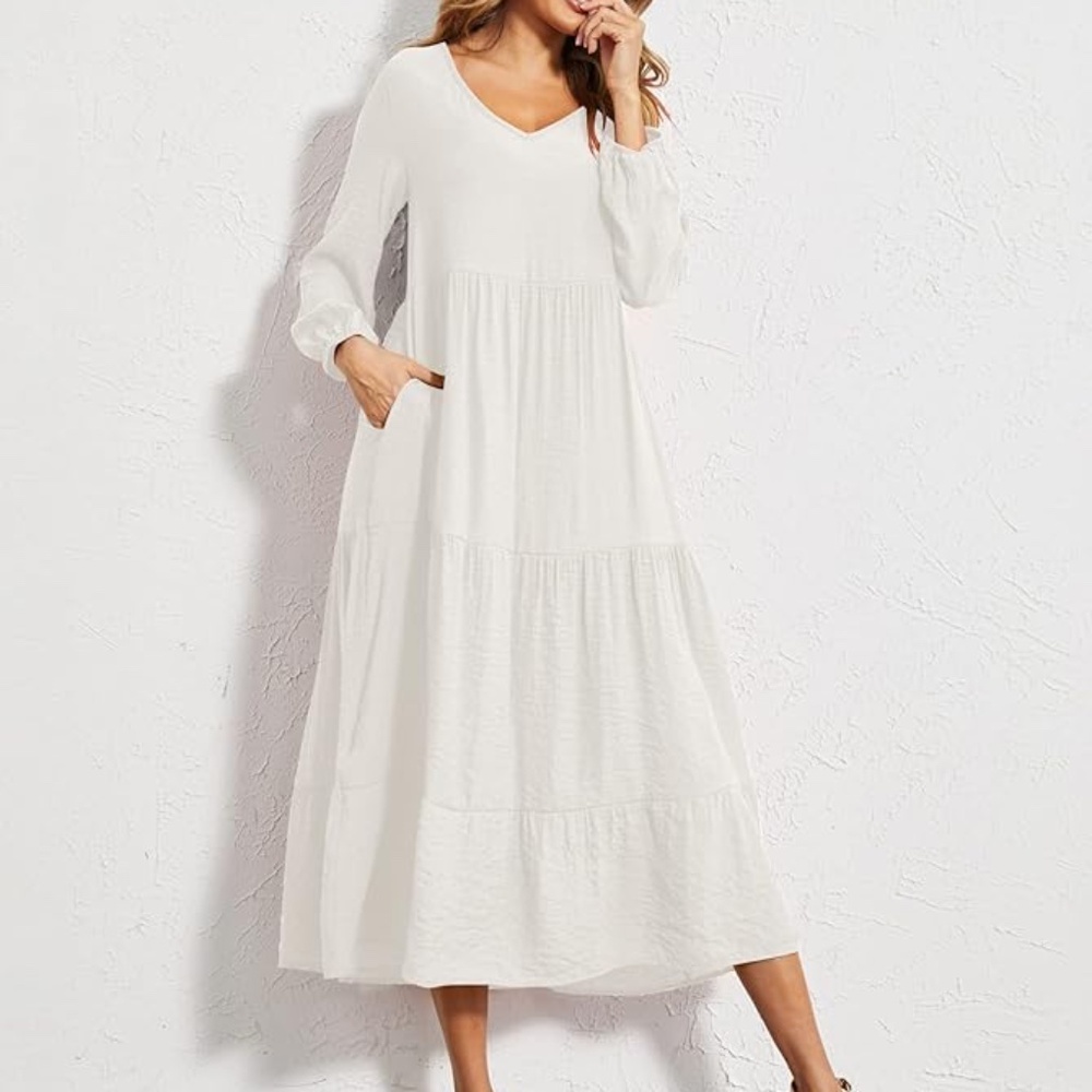 Women's Summer Casual Maxi Dresses Flowy Ruffle Boho Long Dresses with Pockets M